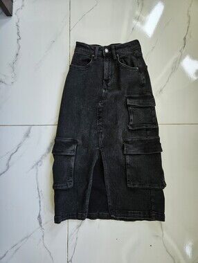 Midi Black denim cargo skirt